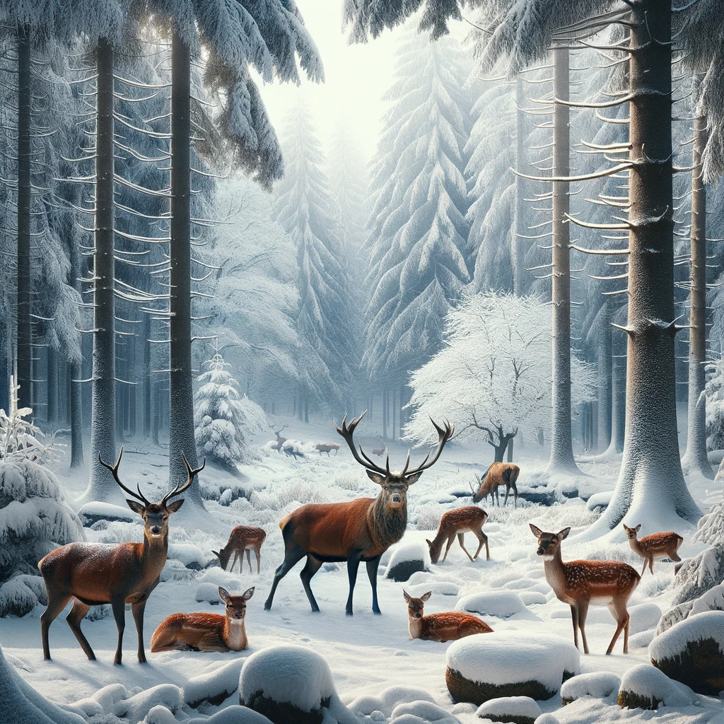 Hirsche in verschneitem Winterwald.