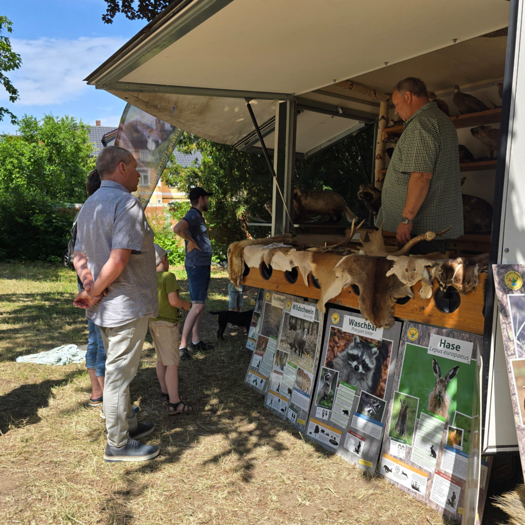 Menschen betrachten Tierpräparate und Informationsplakate.